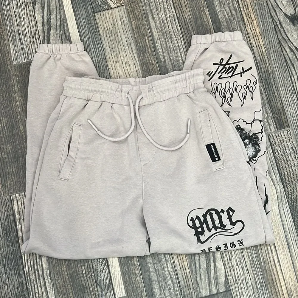 🔥🔥 Y2K MACHINIST Streetwear Brand Graphic Gray Sweatpants Men Size Large - EUC